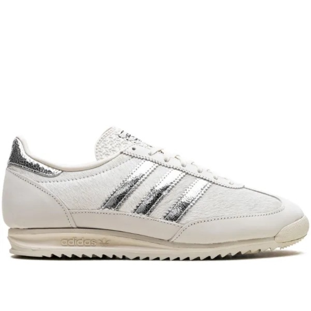 Adidas SL72 white calf hair with silver accents and off white suede